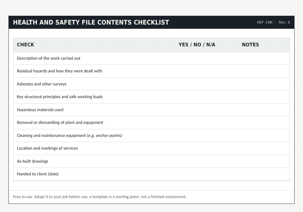 Health and safety file under CDM 2015: preview of the free template