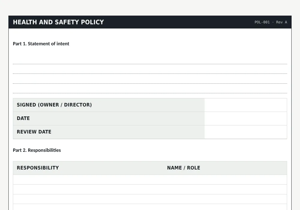 Health and safety policy template: preview of the free template