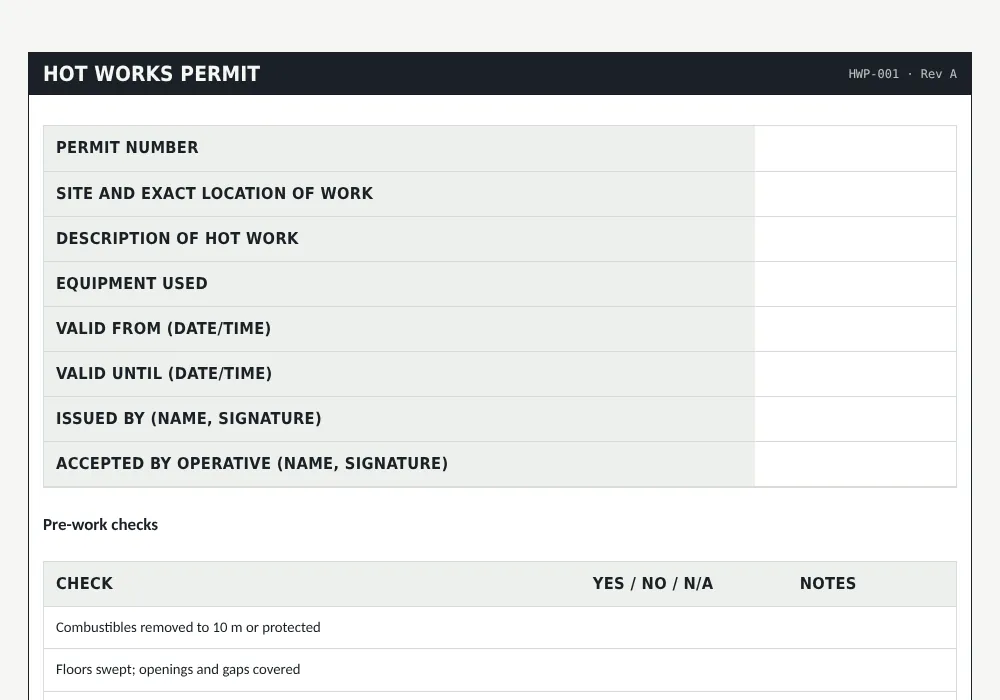 Hot works permit template: preview of the free template