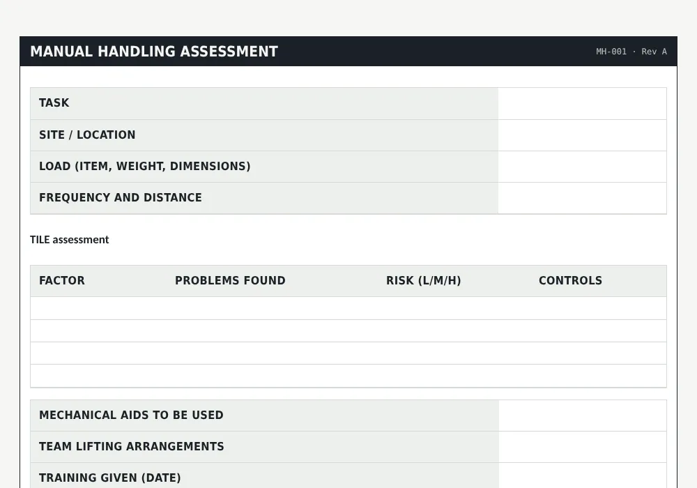 Manual handling risk assessment: preview of the free template