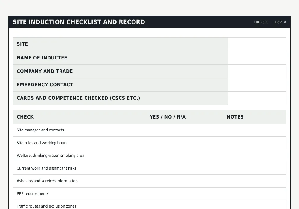 Site induction template: preview of the free template